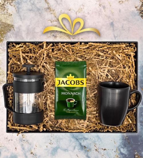 Jacobs 100 gr Taze Filtre Kahve & Siyah Mat Kupa ve French Press Hediye Seti