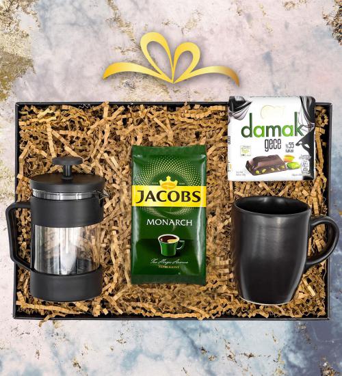 Siyah Mat Kupa & Jacobs 100 gr Filtre Kahve & French Press & Damak Gece Çikolata