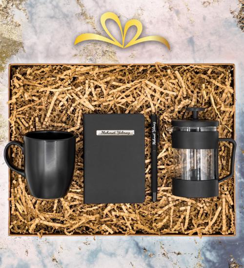 Kişiye Özel Mini Not Defteri & Kalem & Siyah Mat Kupa & French Press
