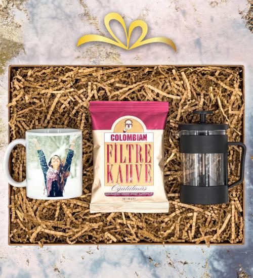 Kişiye Özel Kupa & French Press & Colombian Filtre Kahve Hediye Seti