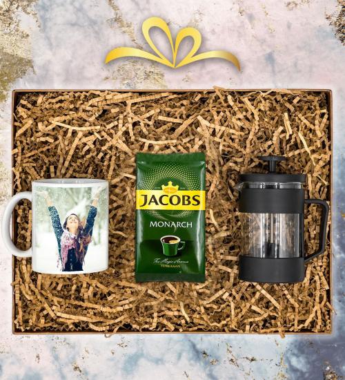 Kişiye Özel Kupa & French Press & Jacobs Monarch Filtre Kahve Hediye Seti