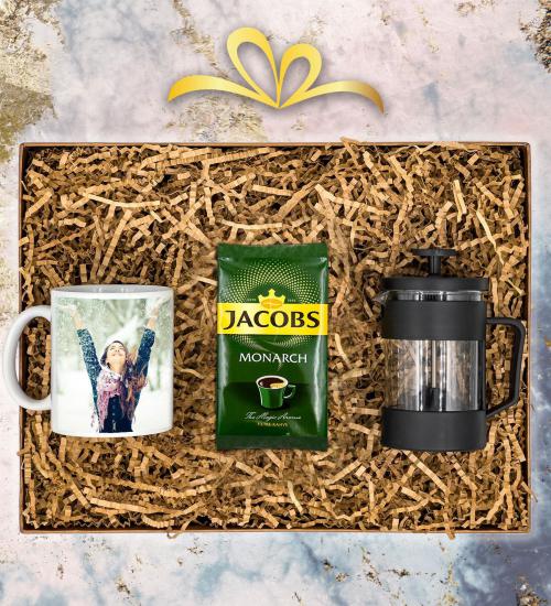 Kişiye Özel Kupa & French Press &  Jacobs Monarch Filtre Kahve Hediye Seti