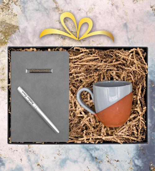 Kişiye Özel Gri Defter & Gümüş Kalem & Gri Toprak Kupa