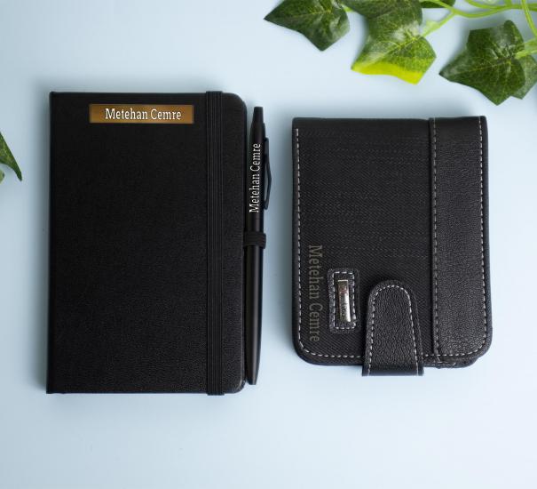 Kişiselleştirilebilir Koyu Gri Cüzdan, Defter Ve Kalem Hediye Seti