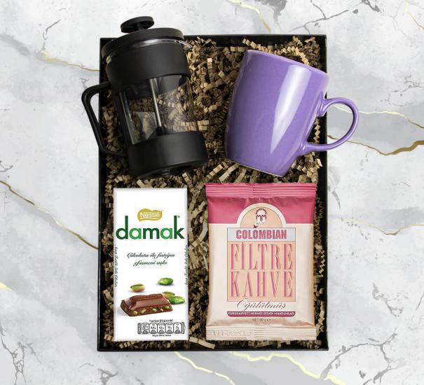 Mor Kupa & Siyah French Press & Nestle Damak Çikolata & Colombian Filtre Kahve