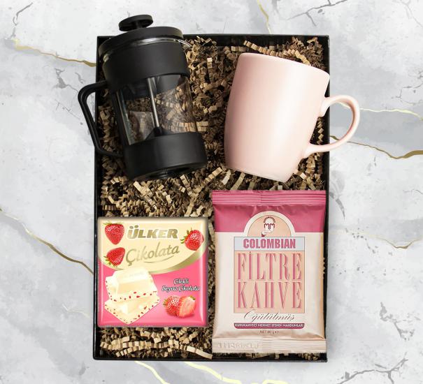 Pembe Kupa & Siyah French Press&Ülker Çilekli Çikolata&Colombian Filtre Kahve
