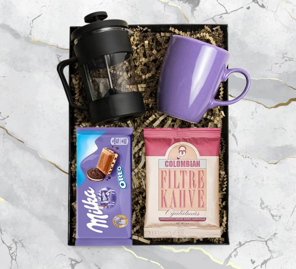 Mor Kupa & Siyah French Press & Milka Oreo Çikolata & Colombian Filtre Kahve
