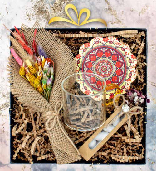 Isıya Dayanıklı Cam Fincan, Mandala Desen Bardak Altlığı, Çiçek ve Draje Hediye Seti