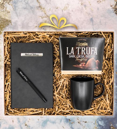 Kişiye Özel Sert Kapaklı Çizgili Defter & Siyah Kalem & Siyah Kupa & Truffles