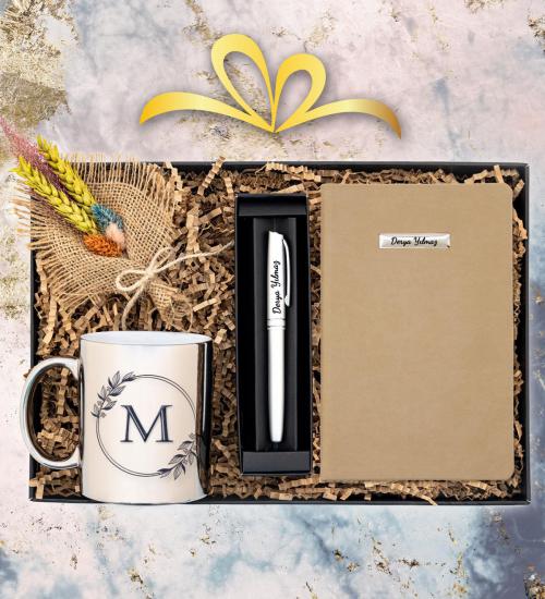 Açık Kahve Defter & Kişiye Özel Gümüş Kalem & Kişiye Özel Gümüş Kupa Hediye Seti
