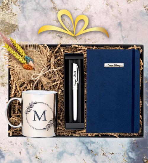 Lacivert Defter & Kişiye Özel Gümüş Kalem & Kişiye Özel Gümüş Kupa Hediye Seti