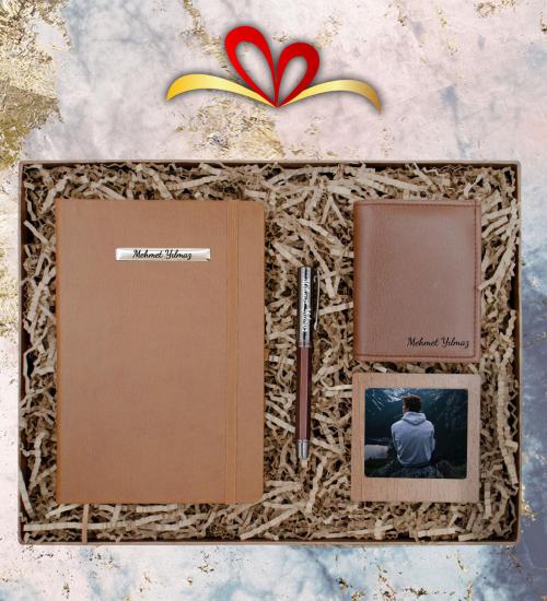 Taba Renk Kişiye Özel Defter, Kalem, Cüzdan ve Çerçeve Hediye Seti