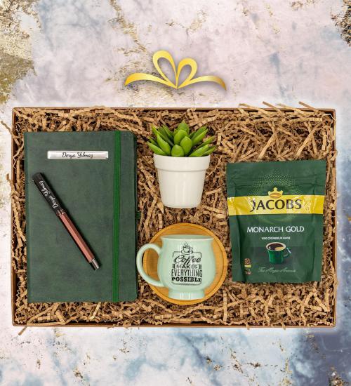 Premium - Yeşil Defterli Kişiye Özel Kalem & Kupa & Jacobs Kahve Hediye Seti