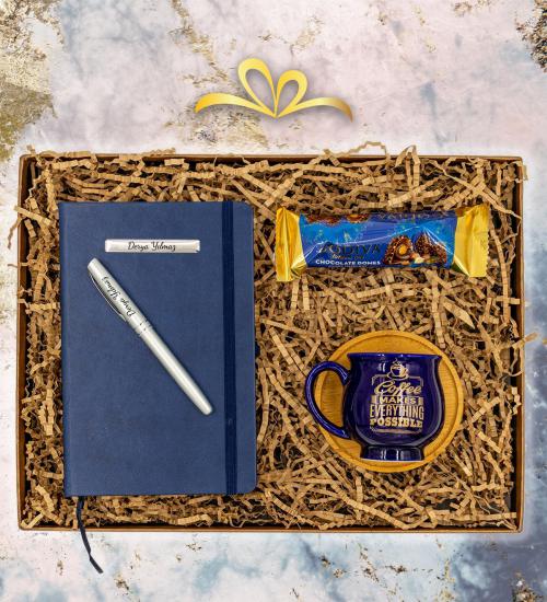 Mavi Temalı Hediye Seti , Kişiye Özel Kalem ve Defter, Godiva ve Mavi Kupa