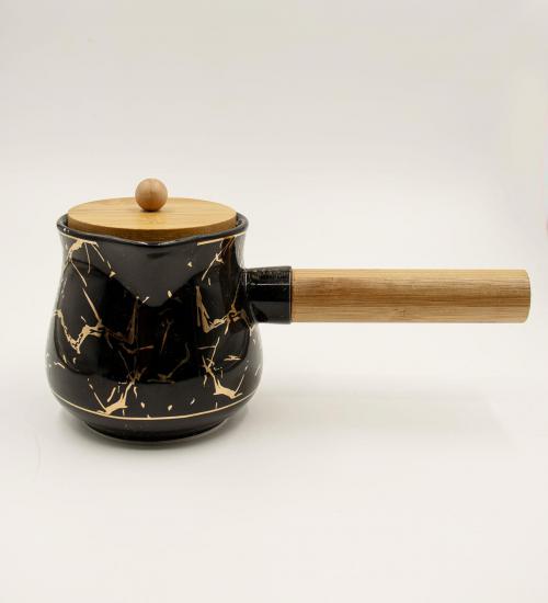 Siyah Mermer Desen Bambu Fincan Takımı & Cezve & Şekerlik Seti