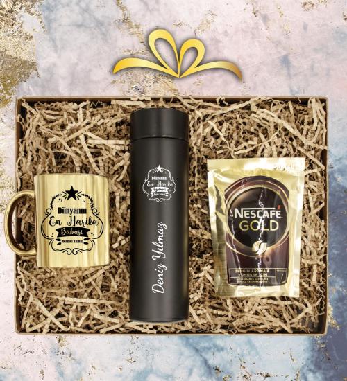 Öğretmenler İçin Kişiye Özel Dereceli Termos & Kupa & Nescafe Gold Kahve Hediye Seti