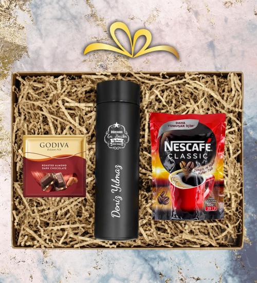 Öğretmenler İçin Kişiye Özel Dereceli Termos & Nescafe Classic Kahve & Çikolata Hediye Seti