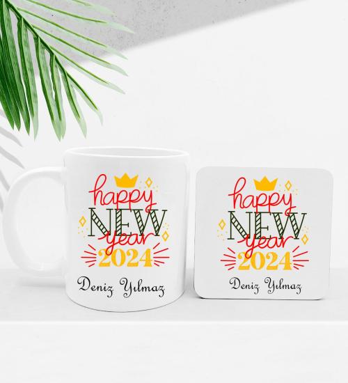 Happy New Year Yılbaşı Dizaynlı Kişiye Özel Kupa & Bardak Altlığı Hediye Seti