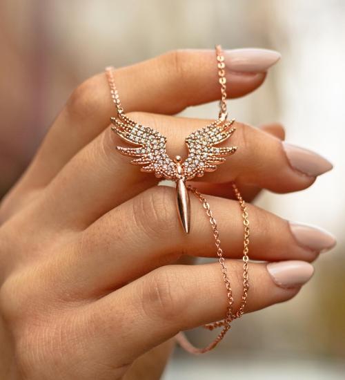 Kişiye Özel Kutulu Rose Renk Zirkon Taşlı Melek Kanat Kolye